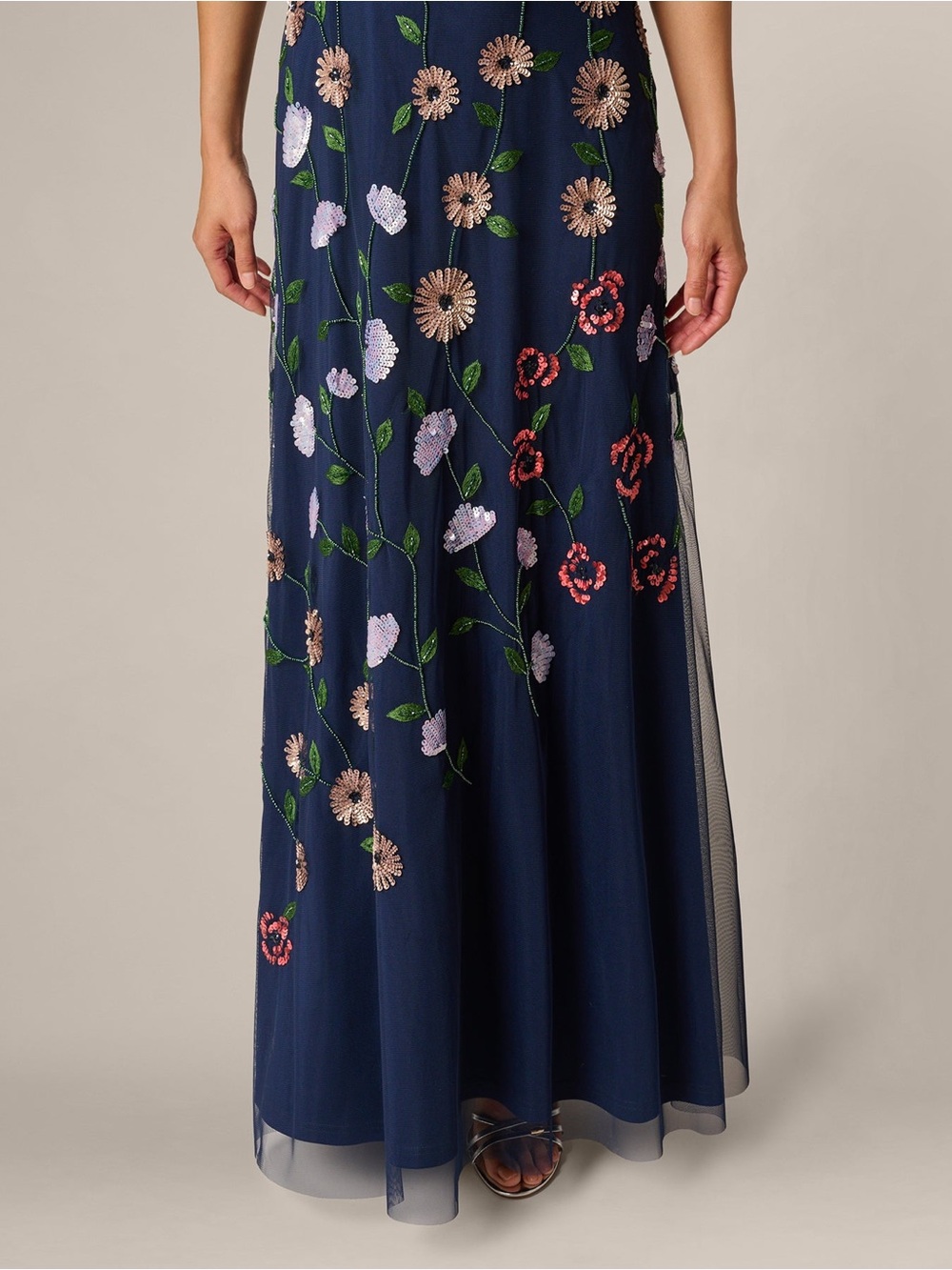 Adrianna Papell Navy Floral Sequin One Shoulder Gown Size 6 NWT GALA MOB Formal - Picture 4 of 15